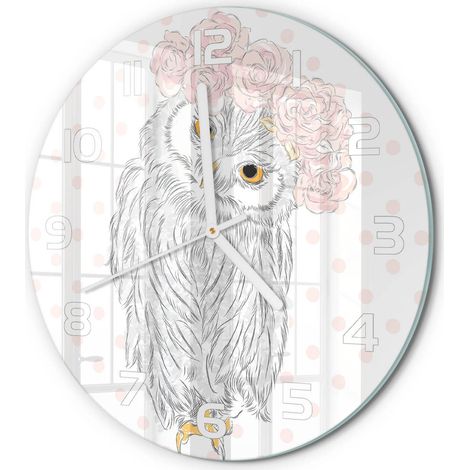 Horloge Murale Ronde Mouvement Fluide Verre Trempé Silencieuse Sans Tic-Tac Hibou dans une couronne fi 30 cm (1/5)