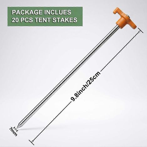 20 piquets de tente en acier galvanisé, piquets robustes de 9,8 pouces, adaptés au camping, à la randonnée, à la plage et aux terrasses résistantes à la flexion. (1/4)