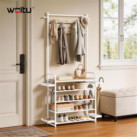 WOLTU 4-in-1 Coat Stand, Coat Rack with Shoe Storage & Umbrella Stand, Shoe and Coat Rack for Hallway, Living Room, Light Oak + White (1/5)