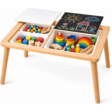 Relaxdays Tavolino per bambini 3-in-1 da gioco con contenitori, piano bifacciale con lavagna, bianco/naturale (1/5)