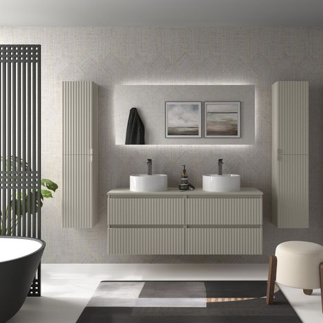 Mueble de Baño KIRA 140cm Gris mate 4 cajones Lavabo sobre encimera 2 pozas Porcelana (1/5)