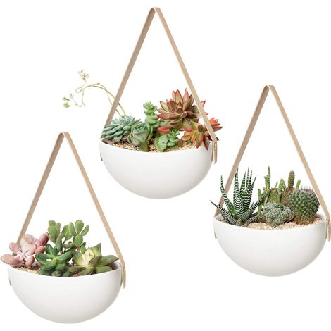 Ensemble de 3 pots suspendus en céramique, style moderne, pour plantes succulentes, herbes aromatiques et tillandsias.