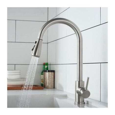QORVA-Robinet de Cuisine avec Douchette Extractible Mitigeur Cuisine Brossé en Acier Inox Robinet d'évier pour Cuisine Rotatif à 360°