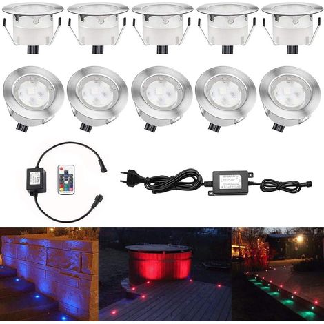 10 Spot LED Eclairage Extérieur Encastrable Sol Terrasse Bois,45mm Spots Encastré Extérieur Fait en IP67 DC12V 1W Avec Alimentation EU Pour Jardin Escalier Patio RGB (1/5)