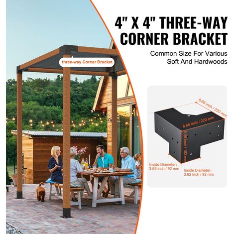 Kit Support Pergola 10.2x10.2 cm Intérieur 9.1x9.1 cm 4pcs Pied Angle 3 Voies Acier Robuste Pour Bois Terrasse Cabane Jardin (1/5)