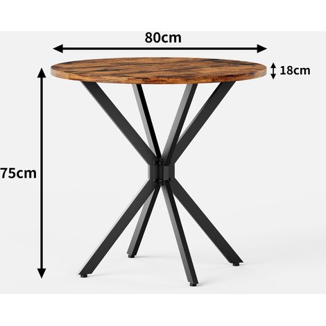 Table à manger ronde industrielle Ø80 cm, plateau vintage brun, pieds en X métal noir, table de cuisine et bureau