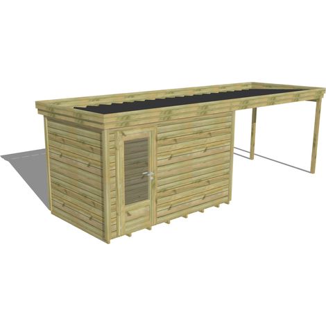 ABRI DE JARDIN bois Pin autoclave 27mm - 6,94x2,14m / 14,9m2 - Bac acier - Plancher bois