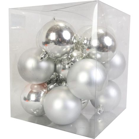 Set mit 16 matten und glänzenden silbernen Kunststoffkugeln (6 cm) in einer PVC-Box (1/3)