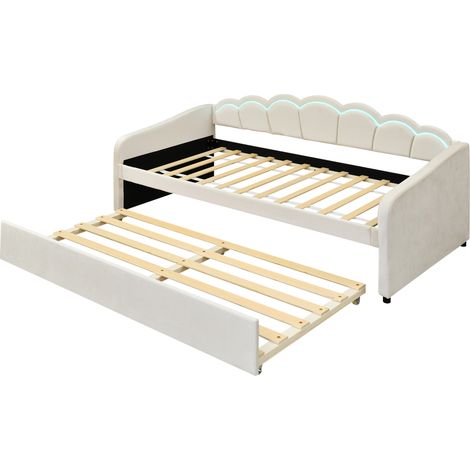 Daybettt, lit de jour 90x200 cm avec lit gigogne, canapé-lit, lit simple (sans matelas), velours, éclairage d’ambiance à couleur changeante, télécommande, style minimaliste, beige (1/5)