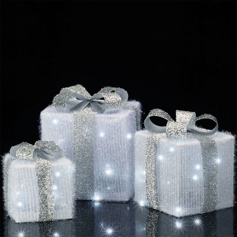 Set 3 Pacchetti Pacchi Regalo Luminosi Natale Bianco e Argento Interni e Esterni (1/5)