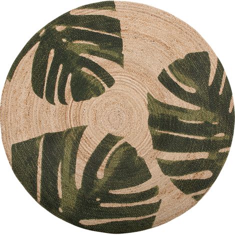 Alfombra redonda de yute verde 140 cm salón dormitorio hoja tropical monstera decorativa Incik