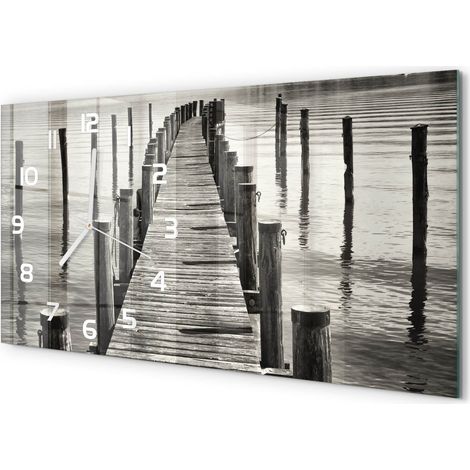 Horloge Murale Salon 60x30 cm Panoramique Verre Trempé Décoration Murale Pont en bois (1/5)