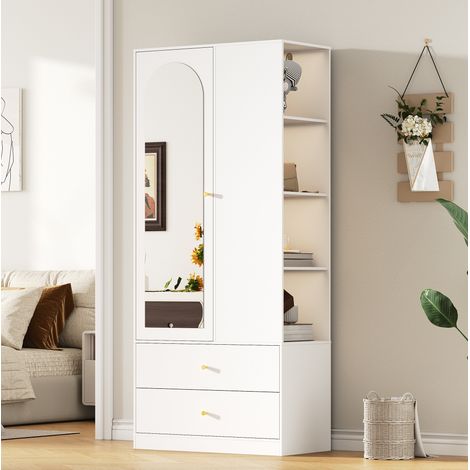 Armario 1 puerta con espejo, 80x40x180 cm, 2 cajones, 4 estantes, colgador, en MDF, blanco (1/5)