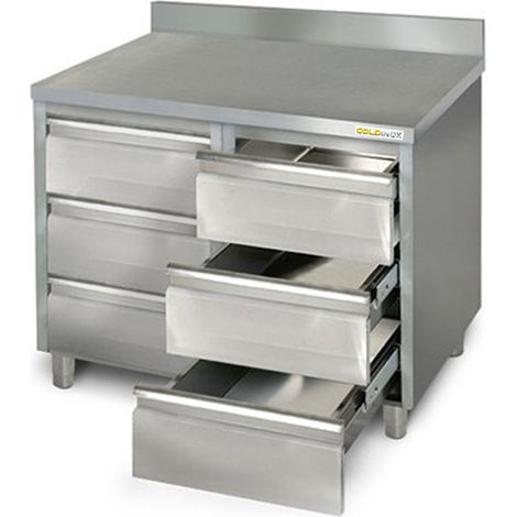 Meuble bas inox 1000 x 700 mm adossée avec 6 tiroirs PREMIUM - GOLDINOX