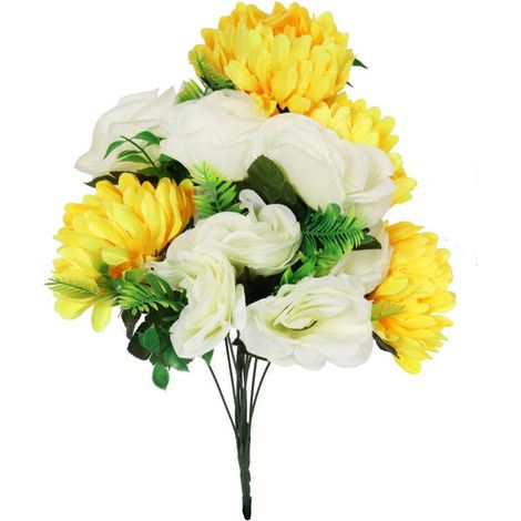 Bouquet di fiori artificiali, mix di rose e crisantemi, bianchi e gialli, 50 cm (1/2)