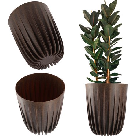 KADAX Blumentopf aus Kunststoff mit Naturmaterialien, 25 cm, Dunkelbraun