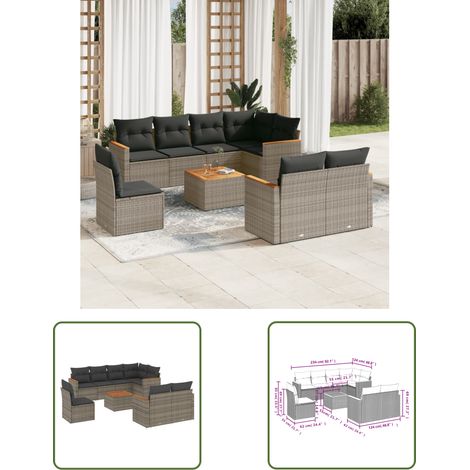 The Living Store 9-tlg. Garten-Sofagarnitur mit Kissen Grau Poly Rattan - Gartenmöbel Set - Esszimmergarnitur - Outdoor Möbel - Lounge Sofa - Rattan Gartenmöbel (1/3)
