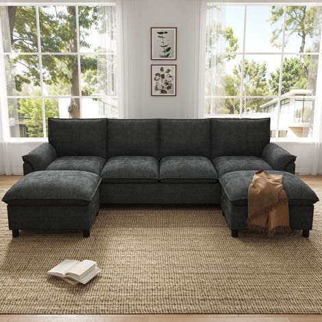 Canapé d'angle modulable en U 264,5 x 142,5 x 84 cm avec 2 poufs de rangement, dossier haut, chenille - noir (1/5)