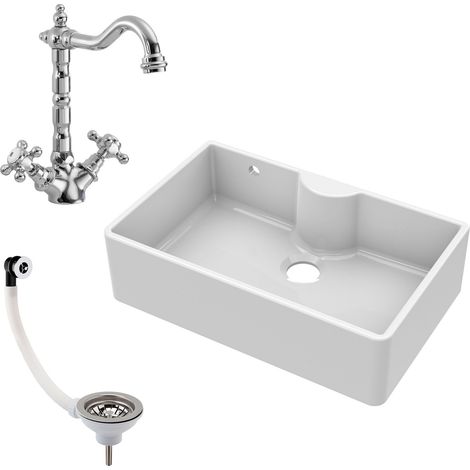 Fireclay 795mm 1 Bowl Butler Kitchen Sink - Ledge with French Classic Tap & Waste - Ceramic Kitchen Sink & Tap