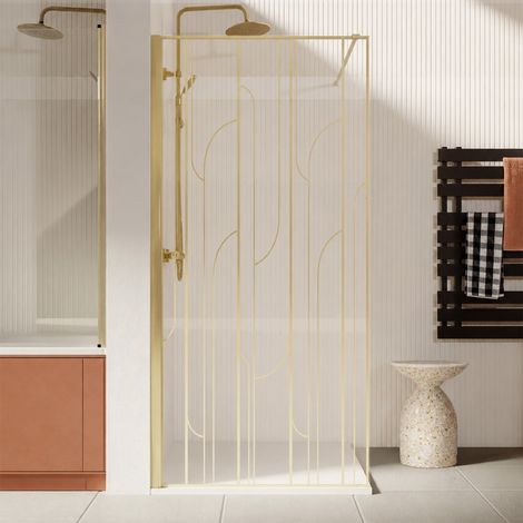 paroi de douche à l'italienne 100x195cm sérigraphie art déco arrondie - or brossé - gatsby