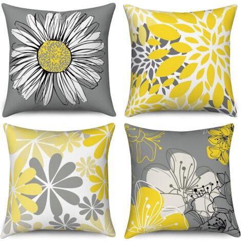 Sollbry Housse de Coussin Jaune 45x45 Set de 4, Jaune et Gris Fleurs décoratives taies d'oreiller Moderne Marguerite Ferme Boho Housse de Coussin en Lin pour canapé lit Jardin extérieur Home Decor (1/5)
