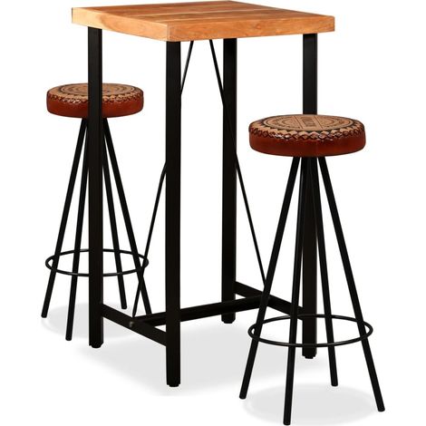 Ensemble Table de bar + 2 Tabourets,Jeu de Table Haute+ 2 Tabourets Hauts de bar Bois d'acacia Cuir véritable et toile -39154 (1/5)