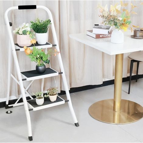 Escalera plegable de acero de 3 peldaños con pasamanos, blanco y negro, hasta 150 kg (1/5)