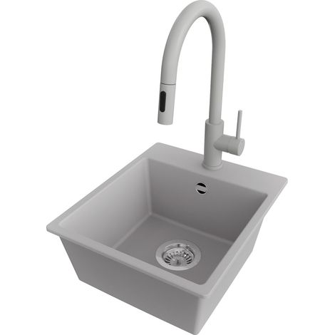 PRIMAGRAN Evier Cuisine en Granit 38x44cm,Lavabo 1 bac + Robinet 40x20cm + Kit de Vidage, Évier à Encastrer au meuble 40cm - Riga Easy, Gris (1/5)