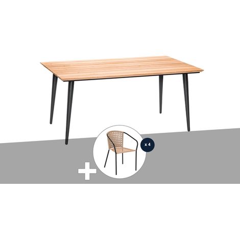 Table de jardin rectangulaire en bois teck Comores avec 4 fauteuils Cocos - Jardiline (1/5)