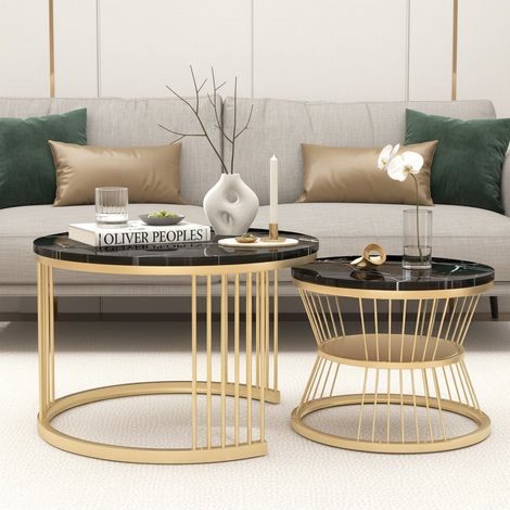 Tavolini da salotto rotondi, set di 2 tavolini Ø70/45 cm, tavolini da divano con vano contenitore, struttura in metallo, stile moderno chic, Nero