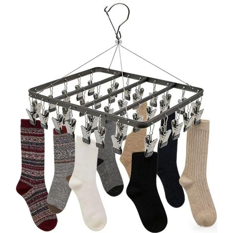 Étendoir à Linge en métal avec 36 Clips, Crochet Coupe-Vent, Pince à Linge Pliable pour Chaussettes, Soutien-Gorge, sous-vêtements (Noir) (1/5)