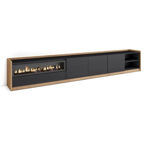 Skraut Home - Mueble TV, Televisión, 310x37x50cm, Para TV hasta 80", Chimenea eléctrica, Negro y roble (1/5)