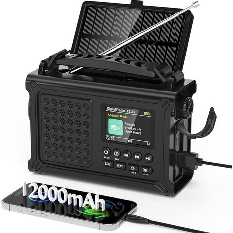 Dab/Dab+/FM Radio Solaire Manivelle, Radio d'urgence avec 8500mm² Grand Panneau Solaire, Lampe Torche LED & Lampe de Lecture, Horloge Minuterie, Prise Casque, Idéale pour Cuisine ou Déplacement (1/4)