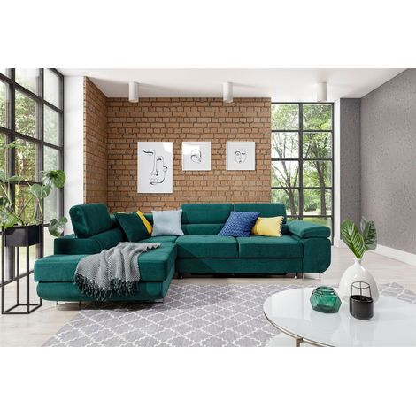 Ecksofa Schlafsofa SARRA in Stoff Kronos Dunkelgrün Ottomane Links (1/5)