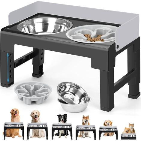 Gamelle Chien Surelevee de aHauteurs RéGlables,incliné, avec Bols en Acier Inoxydable et Gamelle Anti-Glouton, Antidérapante, Convient aux Chiens de Taille Petite, Moyenne et Grande