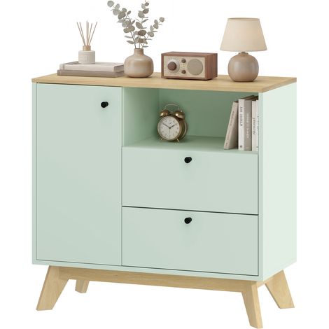 Wohnzimmer-Sideboard mit Tür, 2 Schubladen, offenem Fach und verstellbarem Einlegeboden, hellgrün und Eiche
