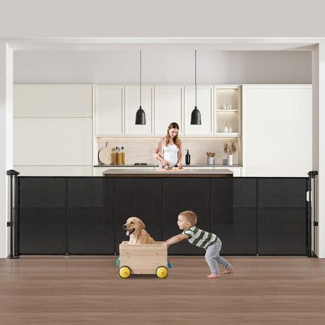 Barrière de Sécurité Rétractable Chien Extensible 280 cm Hauteur 87 cm Clôture Maille Noir pour Escalier Porte Couloir (1/5)