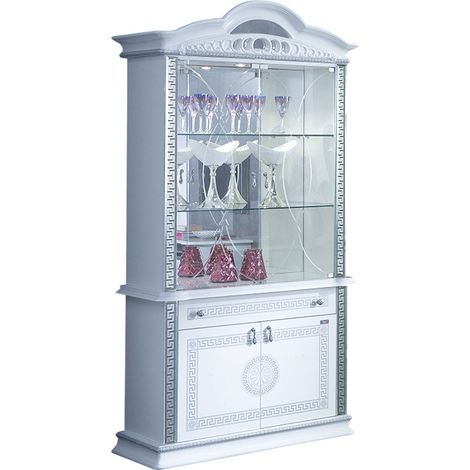 Vitrine 4 portes 1 tiroir bois vernis laqué brillant blanc et gris Venus 105cm (1/2)