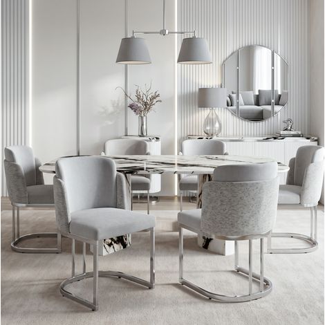 Juego de 6 sillas de comedor 61,5x53,5x86 cm en chenilla gris claro y metal – MEUBLIV (1/5)
