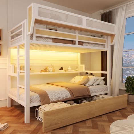Lit superposé enfant 2 place 90x200 cm avec 2 tiroirs, étagère, panier de rangement, LED via appli, garde-corps haut, structure métal et MDF blanc (1/5)