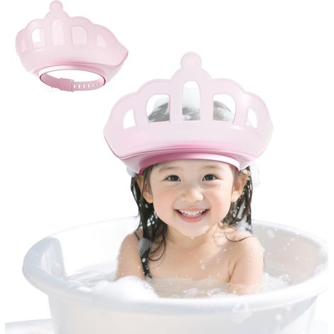 Bonnet de douche et visière de bain ajustables pour enfants, motif couronne amusante, rose, idéal pour le lavage des cheveux des tout-petits de 1 à 9 ans. (1/5)