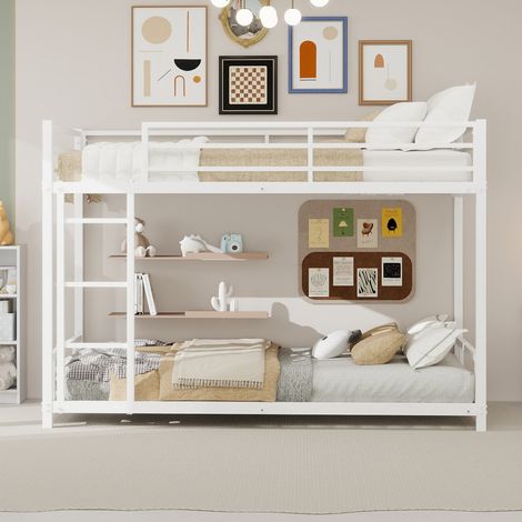 Litera infantil de 90x190 cm con escalera integrada, somier de láminas, metal blanco
