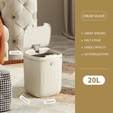 (20L blanc cassé, fonctionne sur piles) Poubelle à capteur intelligent, sans contact, adaptée à la cuisine et à la salle de bain. (1/5)