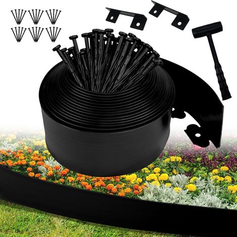 Bordure de Jardin Flexible 10cm,Longueur 10m,Bordure Jardin Exterieur Plastique,avec 30 piquets et 2 connecteurs + 1 Marteau (Bord Lisse, 10cmx10m) (1/5)