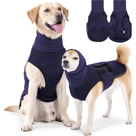 Fear Jacket Beruhigungsweste für Hunde mit Ohrenschützern und Kapuze – Verstellbarer Anti-Angst-Hundemantel mit reflektierendem Streifen (Dunkelblau, XXXL)
