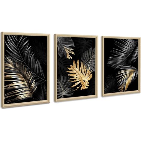 3 Pcs Feuilles d'or noir Tableau Décoration Murale Salon En bois Cadre Impression sur Toile Image sur Toile Abstraite Peintures Décoration Murale pour Chambre Maison Bain prêt à accrocher 30x40cmx3 (1/5)