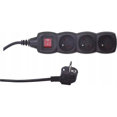 Rallonge avec interrupteur, 3 prises, avec/sans câble de 3 m /H05VV-F 3G1/ noir PC1313