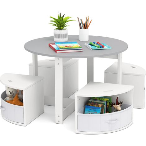 Ensemble table ronde grise pour enfant avec 4 tabourets de rangement, bords arrondis et patins antirayures pour jeux, art et lecture (1/5)