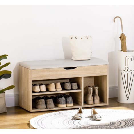 Zapatero acolchado para recibidor que ahorra espacio, mueble de entrada con zapatero, con 3 compartimentos, asiento de piel sintética, para salón y recibidor, 80x30x43 cm, color madera.