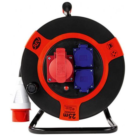 CEE Enrouleur de câble 25m 4-sorties IP 44 plastique H07RN-F noir rouge (1/5)